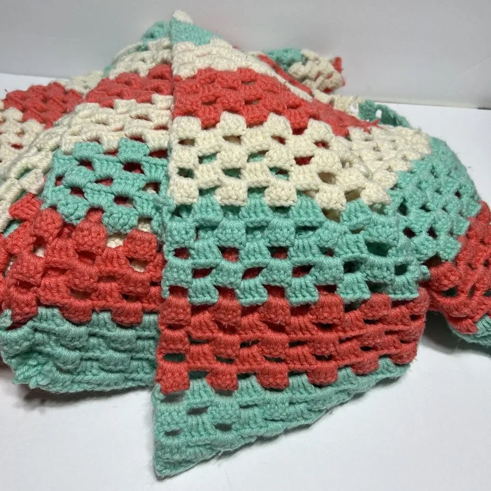 Handmade Afghan Crochet Throw Lap Blanket Mint Green Coral Ivory